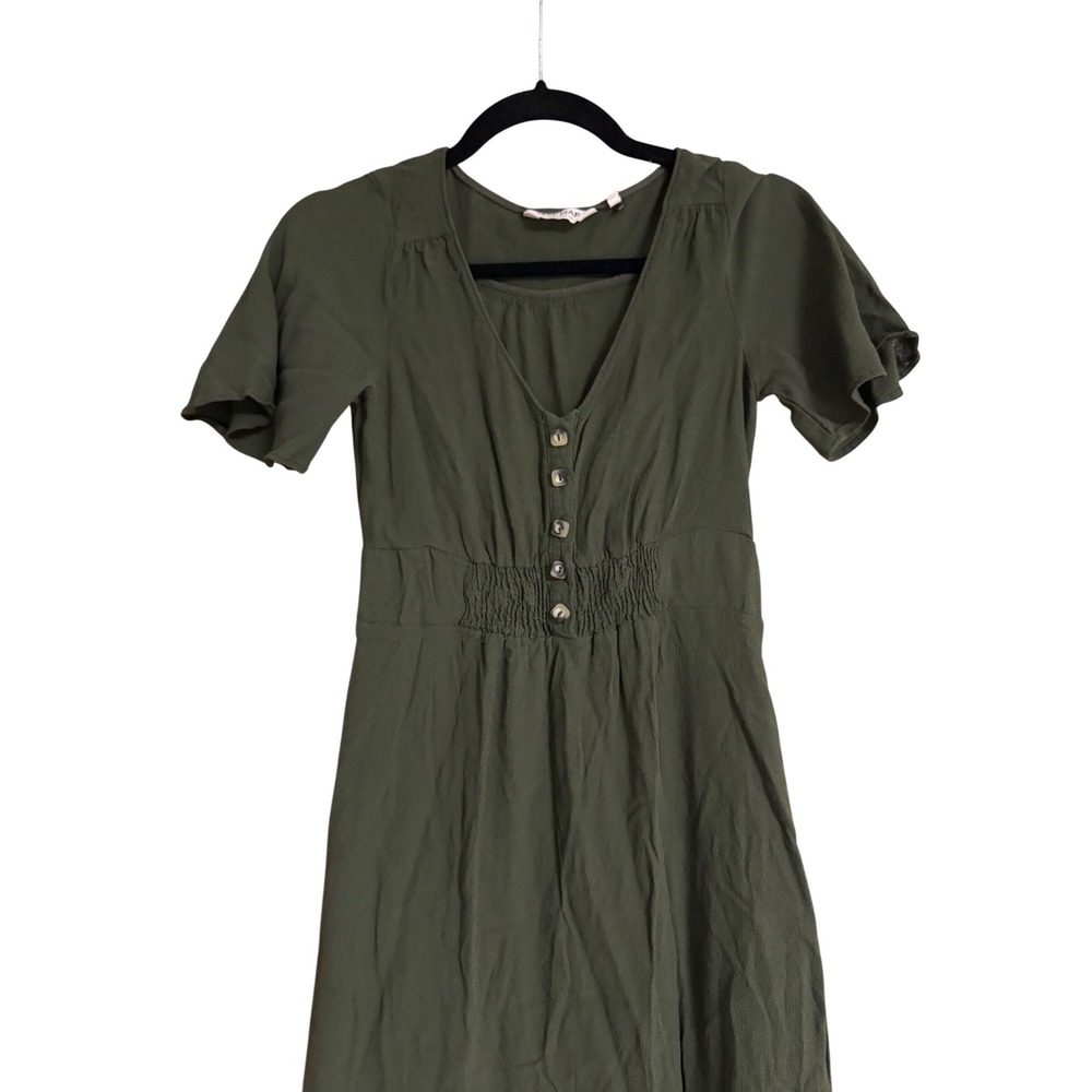 Naf Naf Olive Green Button Front Smocked Waist Mini Dress Size 34